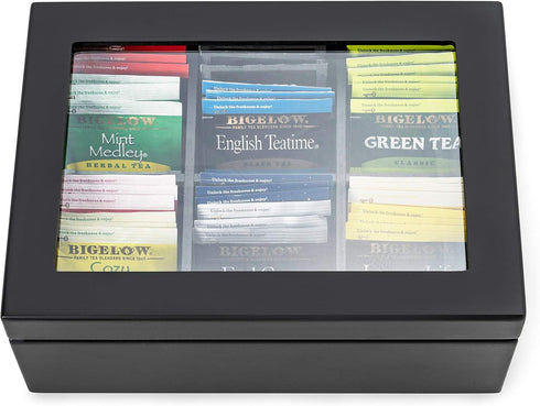 6 Break Tradition Wooden Tea Organizer For Tea Bags - Compartments, Clear Top Window, Lid Stays Open (Black)
