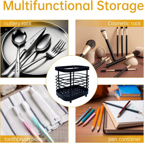 Stainless Steel Sink Utensil Holder, Kitchen Countertop Organizer Rack for Forks, Knives, Spoons, Black