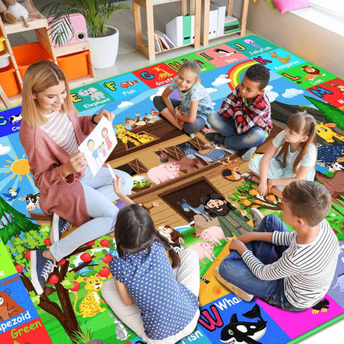 DINSUMRUG 5939.4 Tummy ABC Kids Rug for Playroom in Noah's Ark Animals Rug Baby Play Mat Alphabet Mat Shape Color