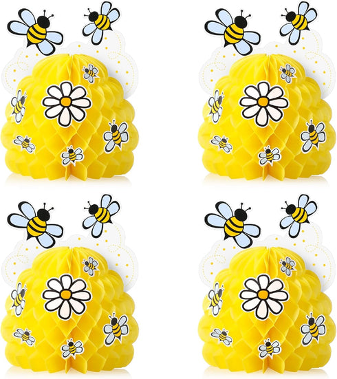 4 Pieces Honey Bee Centerpieces with Sunflower Stickers, Honeycomb Decorations for Bee Day Gender Reveal Birthday Party
