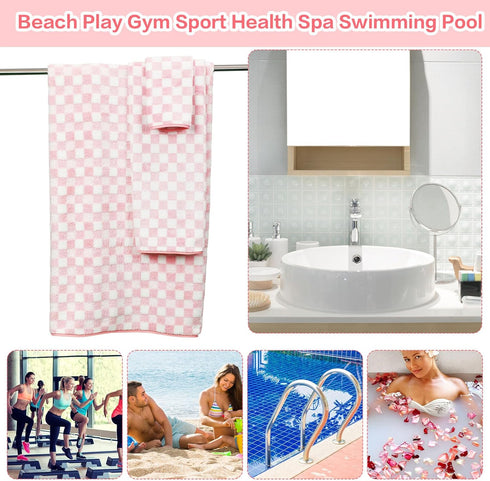 6 Set Kinlop Pcs Checkered Bath Towels Coral Washcloth Soft Fleece Quick Dry Patterned Hand Towel for Bathroom Back