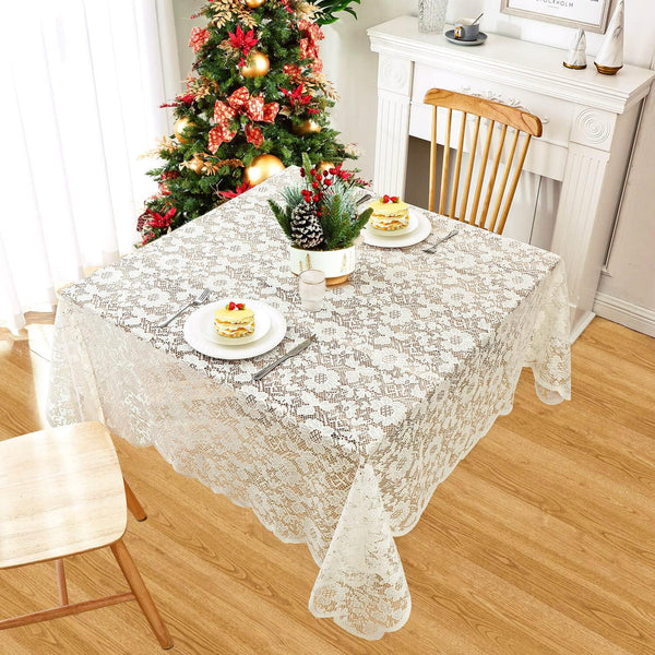 WUBODTI Beige Lace Floral Tablecloth, Square 72" x 72", Vintage Chic Sunflower Pattern for Wedding Party Decor