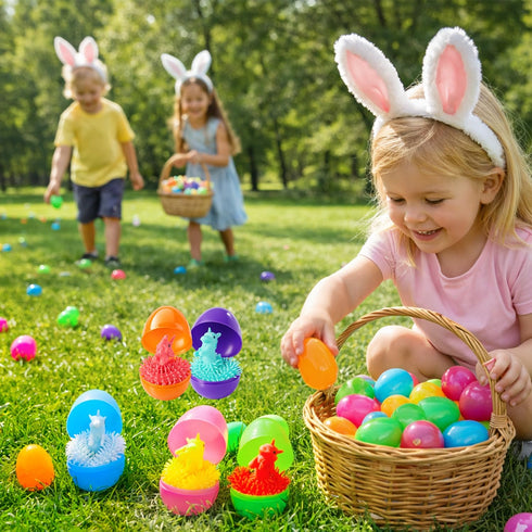 24 Pack Yunfan Prefilled Easter Eggs with Dinosaur Stretchy Strings Fidget Toys Stress Reliever Sensory Squeeze Toys