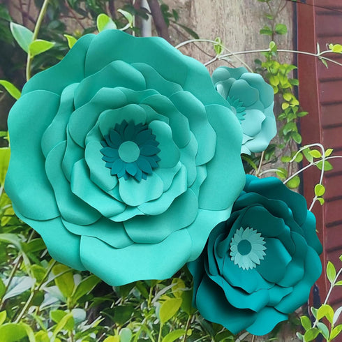 Pack 6 Turquoise Teal Paper Flower with Gold Leaf for Wall Living Room Bed Room Wall Decoration Wedding Birthday Bridal
