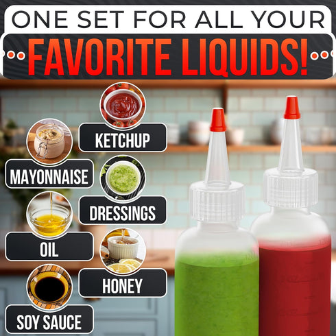 6-Pack 4 oz Set Squeeze Bottles for Liquids with Scale No-Mess Dispensing | Clear Condiment Bottle for Sauces, Oil