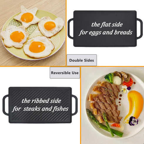 GasSaf Cast Iron Double Sided Griddle, Reversible Grill Pan for Indoor Cooking, 13 x 8.25 Stovetop Griddle