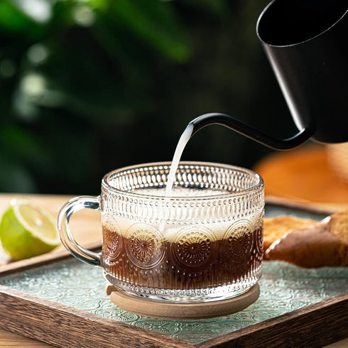 wookgreat Set 6, 14 oz 6 Vintage Glass Coffee Mugs of Tea Cups With Handle, Clear Embossed Glassware, Spoons