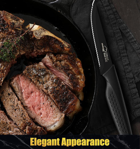 Set of 8 Stainless Steel Steak Knives, Serrated and Dishwasher Safe, Elegant Black Design