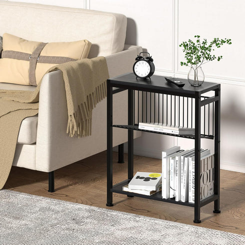 7.1"D 17"W 21.7"H, Side Table for Small Spaces, Narrow End Table with Adjustable V-Shaped Magazine Rack, x x Black