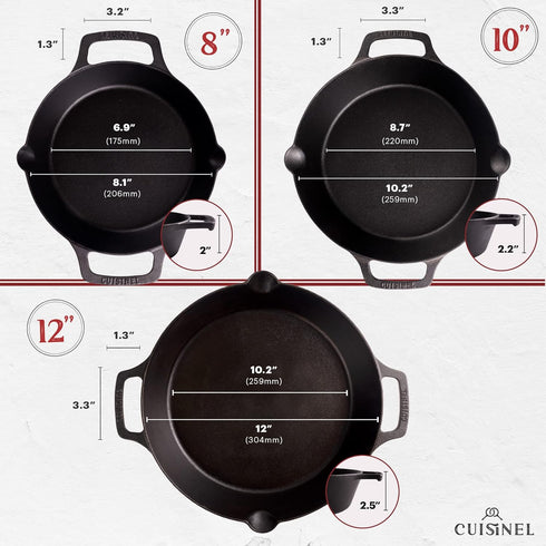 Cast Iron Skillet Set, 8"+10"+12" Frying Pans with Glass Lids and Silicone Handle Holder Covers