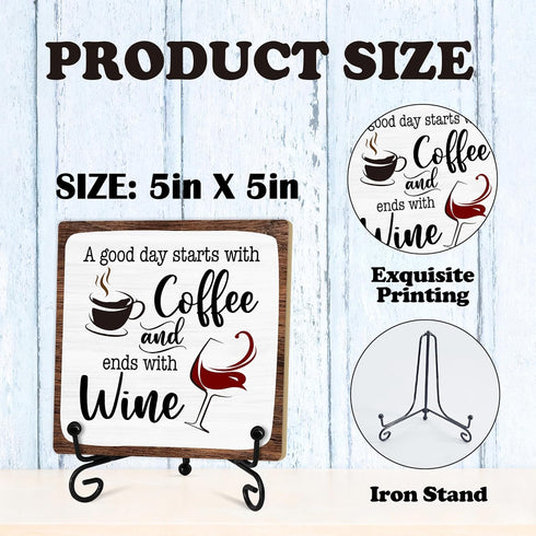 Coworker-01 Coffee And Wine Desk Decor Sign, Rustic Wooden Sign With Stand, A Good Day Starts With Coffee And Ends