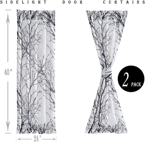 FMFUNCTEX Sheer Side Front Door Curtains 40" White Black Branch Tree Half Print Curtain for Patio Doors with Matching Tiebacks 24”w 2 Panels by FMFUNCTEX