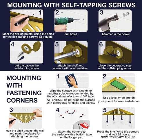 iReef way 14" Corner Shower Shelf for Inside Shower - Adhesive/Stick/Drill/No Drill - Floating Strong Gold Corner