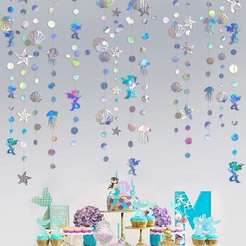 40 Ft Iridescent Mermaid Garland with Jellyfish, Seashell, Starfish, Pearl Holographic Paper Streamer for Under The Sea