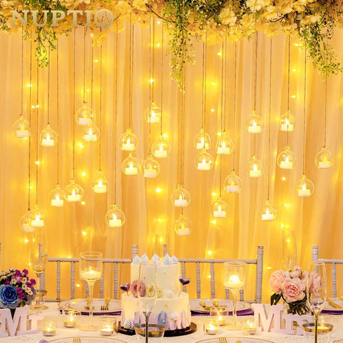NUPTIO Set of 12 Hanging Glass Globe Candle Holders with LED Tea Lights - 2.36 inch Clear Votive for Party Decoration