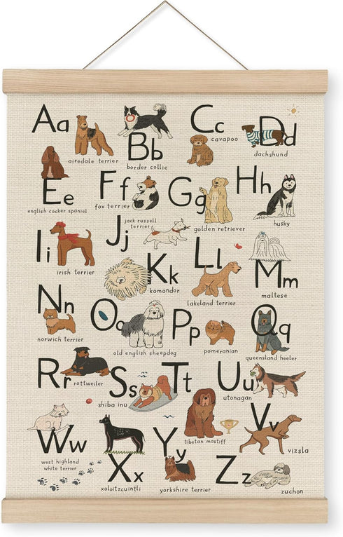 MAQIKA ABC Alphabet Chart Dog Poster Framed with Wood Hanger,Alphabet Banner, Alphabet