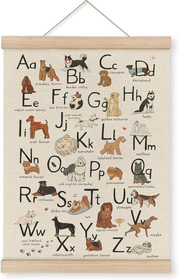MAQIKA ABC Alphabet Chart Dog Poster Framed with Wood Hanger,Alphabet Banner, Alphabet