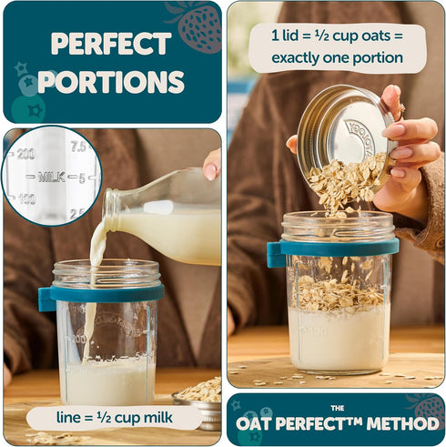 16oz Set 4 Pack Overnight Oats Containers with Lids & Spoons - Stainless Steel Lid Leakproof Glass Jars for Chia