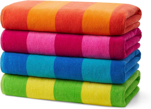 29" 58" 100% (4 Pack) Kaufman - Soft Oversized Beach Towels in Bulk | x Velour Striped Towel | Absorbent, Quick-Drying
