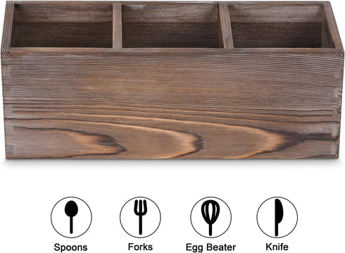 Wooden Silverware Organizer with 3 Spacious Compartments, Cooking Spatula Holder, Kitchen Utensil Flatware Caddy