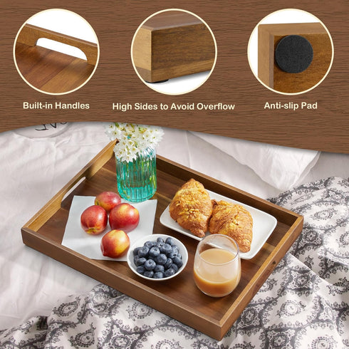 GCWSTJK 17 Inch Acacia Wood Serving Tray with Handles, Large Wooden Tray for Ottoman, Breakfast in Bed, Coffee Table