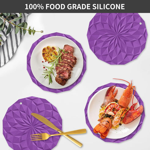 ME.FAN Silicone Trivet Mats - 4 Pack Pot Holders - 7.4'' Thickened Hot Pads for Hot pots, Pans and Dishes, Heat Resistant Silicone Trivet for Table and Counter Top Deep Purple by ME.FAN