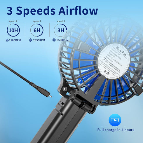HandFan Mini Personal Fan, Portable Handheld, Battery Operated, 180° Foldable, USB Powered, Black & Blue