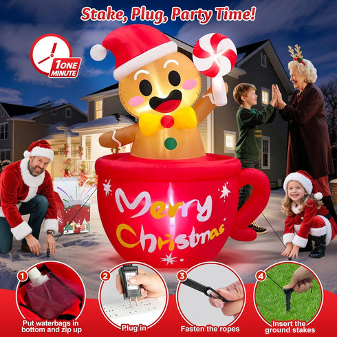 6 FT Tall Christmas Inflatables Outdoor Decoration Gingerbread Man Hot Chocolate, Built in LEDs Funny Inflatable Ginger