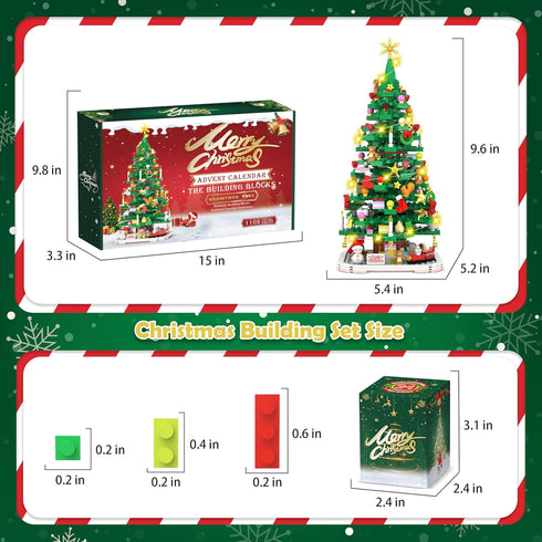 Advent Calendar 2024 - Christmas Tree Building Toy Set with LED Light, 1102 Pieces