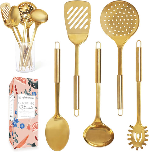 Gold Cooking Utensils Set - 5 PC Stainless Steel Kitchen Tools for Modern Cooking & Serving - Dishwasher Safe
