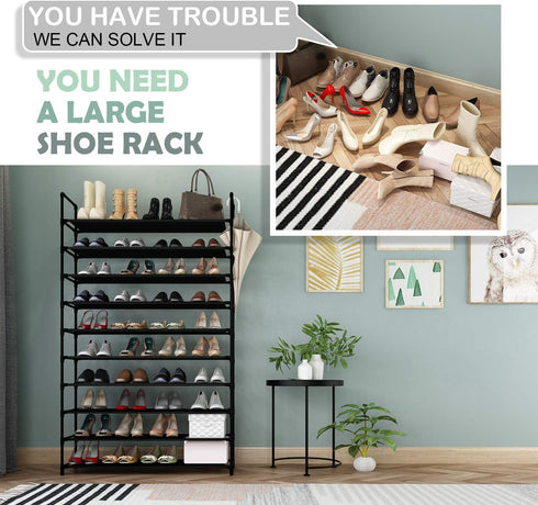 KIKIONLIFE 10 Tiers Shoe Rack Tower Storage Organizer Cabinet Black