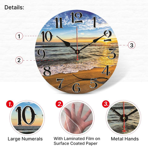 TAHEAT Sunset Beach Waves Wall Clock, Silent Non-Ticking Battery Operated, 14 Inch Decorative Clock for Home