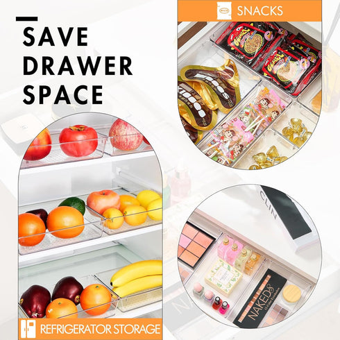 HOUSE DAY 6 PCS Desk Drawer Organizer Bins, Clear 9*6*2" Non-Slip Plastic Organizers for Makeup, Office