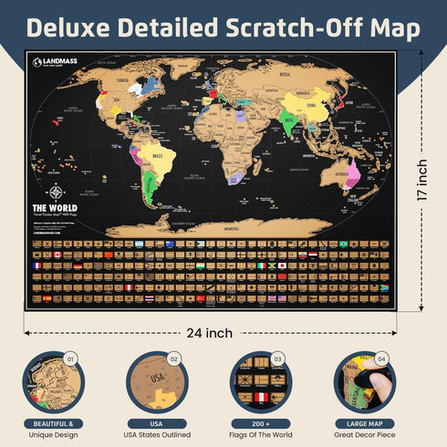 Landmass Scratch Off World Map, Deluxe Travel Tracker with Flags, 17x24 Inches Wall Art for Home or Office