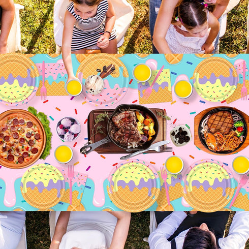 Bzhouyy 121pcs Summer 24 Ice Cream Party Supplies Kit, Includes Ice Cream Themed Plates Cups Napkins Cutlery Touchdown