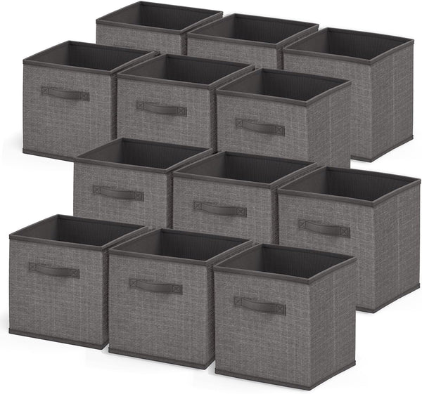 Nestl Foldable 12 Cube Storage Organizer Bins, Grey Fabric Storage Baskets with Handles, 11-Inch for Bedroom, Playroom