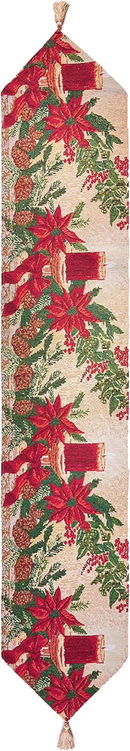 Decorative Christmas Poinsettias Candles Design Tapestry, 13" X 70" Table Runner