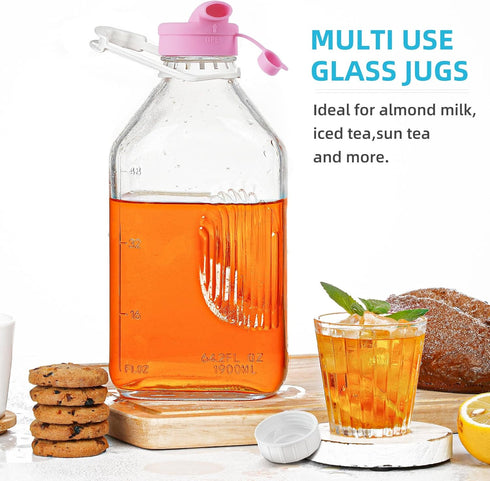 4 Pack 1/2 2 64 Oz 8 2 Gal Glass Milk Bottle with Airtight Lid & Pour Spouts - Heavy Duty Glass Milk Jug, Water