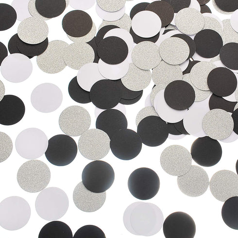 Glitter Confetti Circle Dots for Table Decoration, 1.2 inch Diameter (Silver Glitter, Black, White, 200pc)