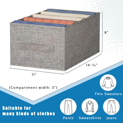 Large 5-Grid Wardrobe Clothes Organizer for Jeans, Pants, Sweaters, Stackable Drawer Organizer with Handles, Gray Linen