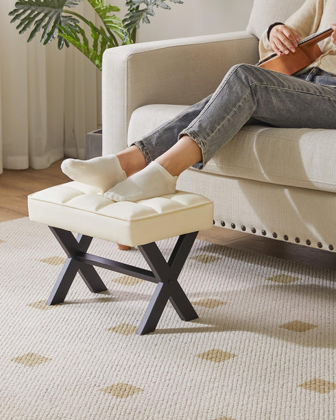 12" WBD012W IBUYKE Small H Footrest Stool, Square PU Foot Stool with Metal X-Leg, Multi-Use as Small Side Table, Step