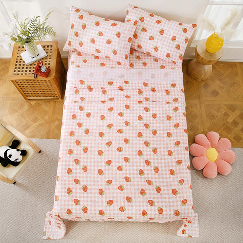 Set 4 Yibeizi Pink Strawberry Sheet for Girls, Cute Full Size Kids Checkered Patterned Bedsheet Microfiber Deep Pocket