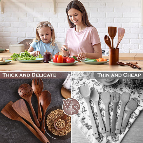 Wooden Spoons for Cooking, 6 Pcs Natural Teak Wood Non-Stick Utensils Set for Kitchen