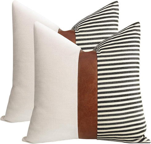 cygnus 20x20 Pillow Covers Set of 2, Farmhouse Decor Stripe Patchwork Linen Throw Covers for Couch Sofa