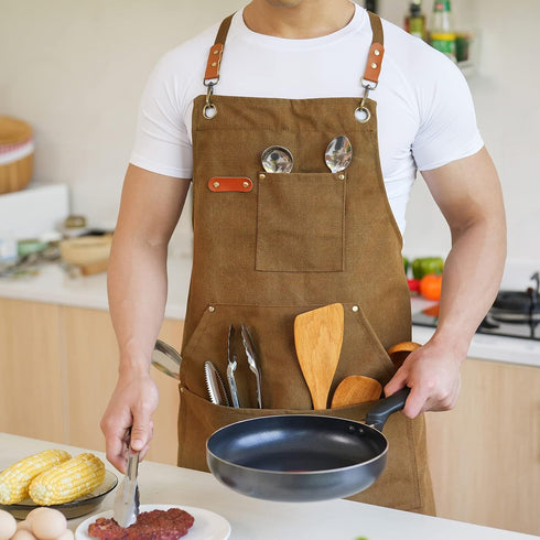 Canvas Aprons for Men, Heavy Duty Chef Work Apron with Large Pockets - 16oz Cross Back, BBQ, Cooking
