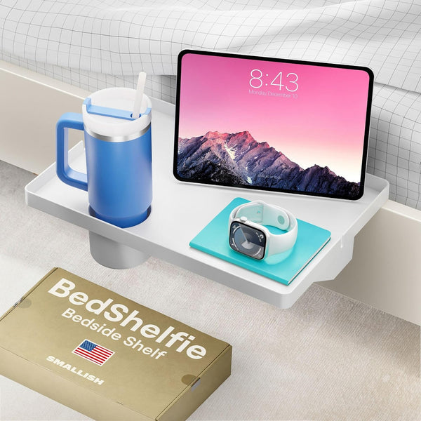 BedShelfie Bedside Shelf for Bunk Bed, Clip On Nightstand, College Dorm Room Essentials, White Bed Side Table Tray