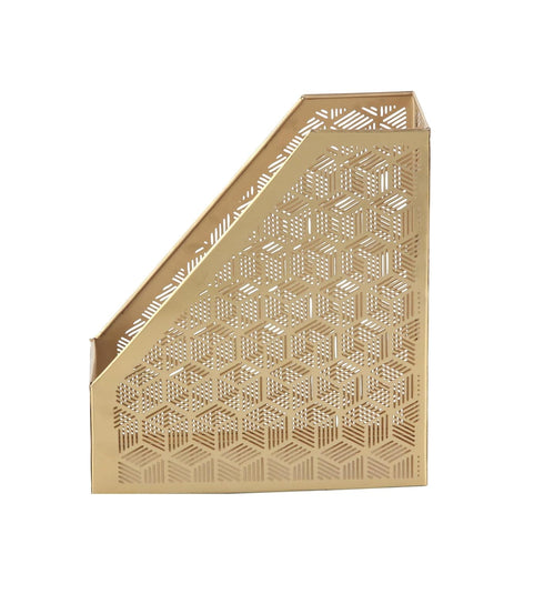 Deco 79 Metal Geometric Magazine Holder, Single Slot with Laser Carved Design, Gold