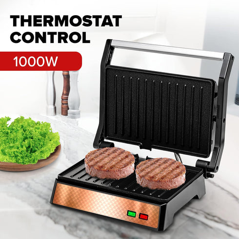 OVENTE Electric Panini Press Sandwich Maker, Non-Stick Coated Plates, 1000W Indoor Grill, Copper GP0620CO