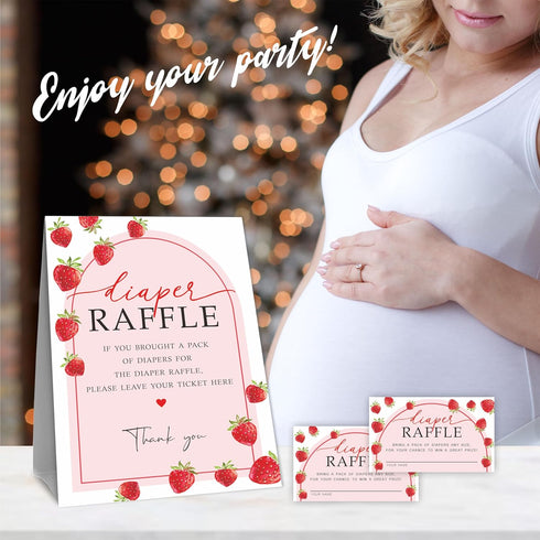 50 1 B10 Baby Shower Diaper Raffle Game Kit, Strawberry Arch, Tickets & Standing Sign, Decoration for Baby Shower