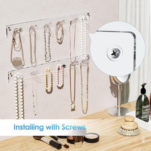 MaxGear Acrylic Necklace Holder 2 Pack, Wall Mounted Jewelry Organizer for Necklaces, Bracelets, Rings, and Bangles